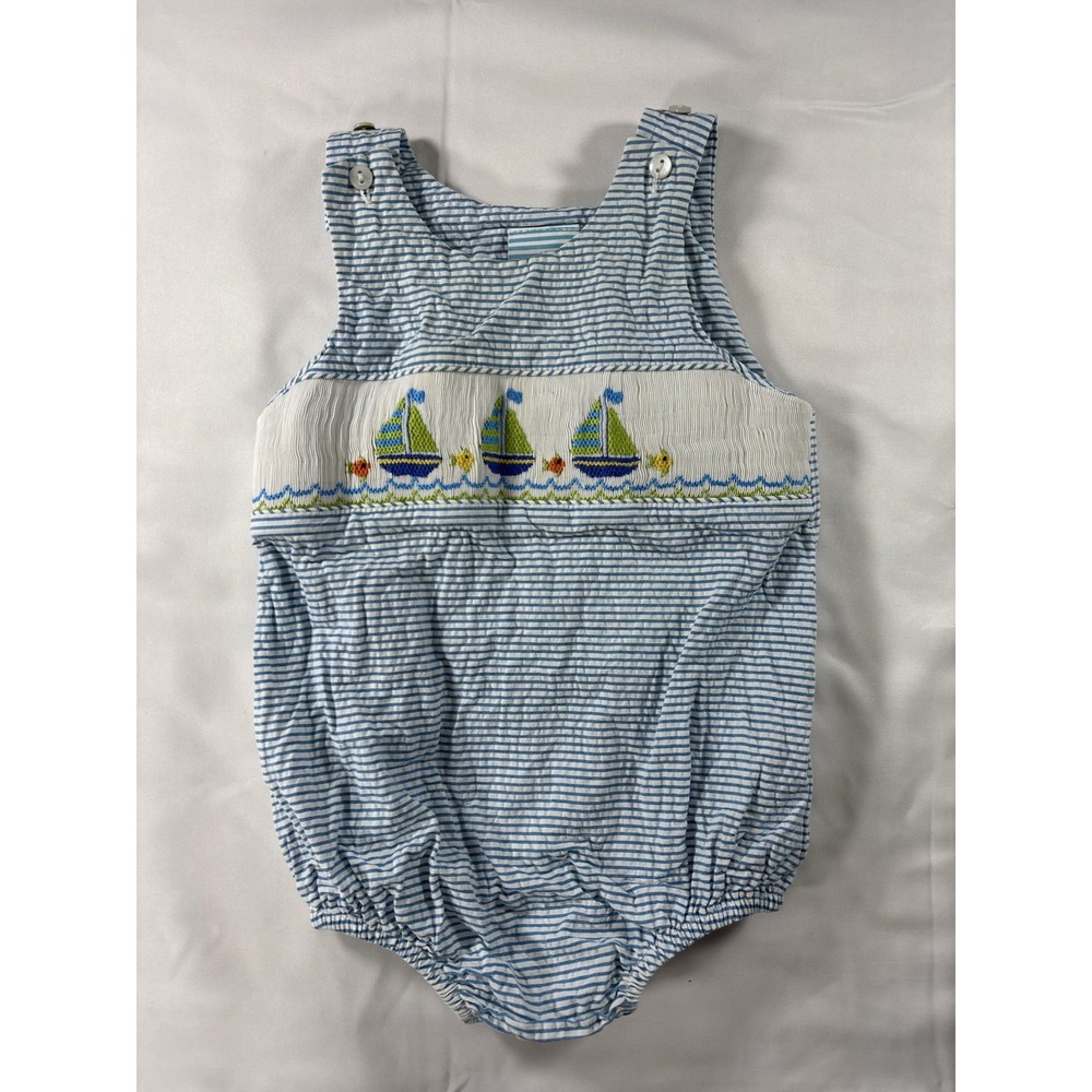 Southern Sunshine Nautical Sailboat Striped Smocked Embroidered Romper Blue 9M